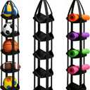 BOXIN 5-Tier Hanging Ball Storage Organizer with Hook for All Sports Balls, Sports Equipment Organizer Holder Toy Organizers, Vertical Hanging Storage,Space-Saving,Home Gym Decor,Yoga Mat Holder (Black)