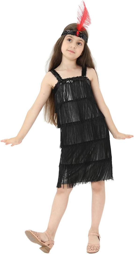 Leadtex Girl's 20s Flapper Dresses Costume Dress Childrens Party Fringed Dresses with Feather Headband, Size Small( 4-6) - Black