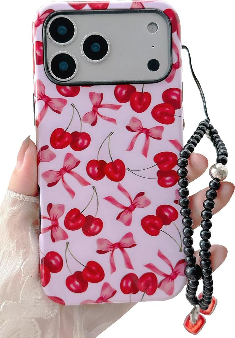 Compatible with iPhone 17 Pro Max Case,Cute Pink Cherry Bow Soft 2 Layers Women Girls with Lovely Strap Bracelet Chain Cover