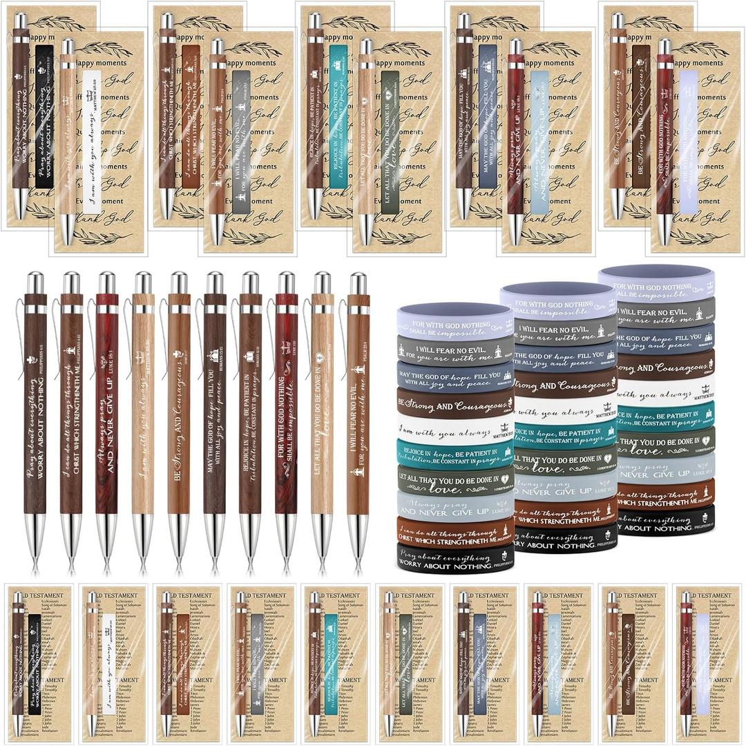 Gueevin 30 Sets Easter Christian Gifts Bulk Bible Verse Pens Religious Bookmarks Silicone Wristband Inspirational Ballpoint Pens Sunday School Scripture Thank You Gifts for Church Men Pastor
