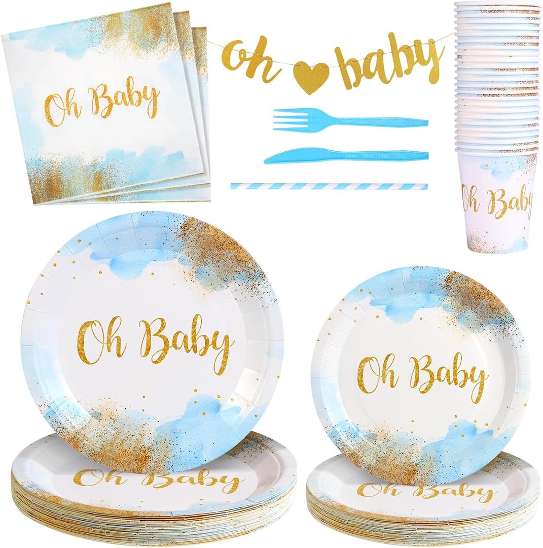 176PCS Baby Shower Plates Boy Baby Shower Decorations Dusty Blue Party Supplies,Oh Baby Boy Shower Plates and Napkins Banner Forks,Baby Boy Decor Tableware 25 Guests