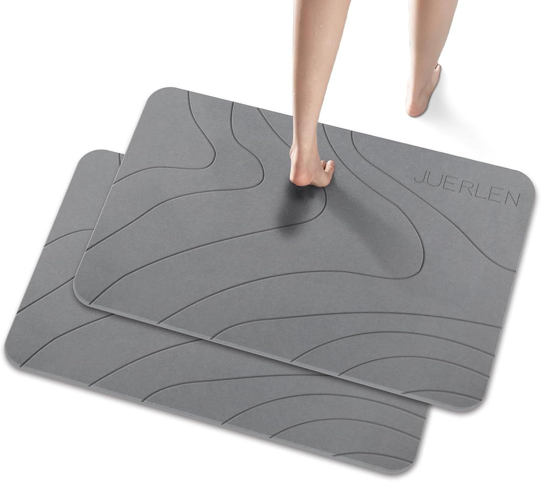 JUERLEN 2 Pack Diatomaceous Earth Shower Mat, Stone Bath Mat, Nonslip Super Absorbent Fast-Drying Hard Bath Mat for Bathroom Shower Floor, 32 x 20 inch, Grey Wave Design