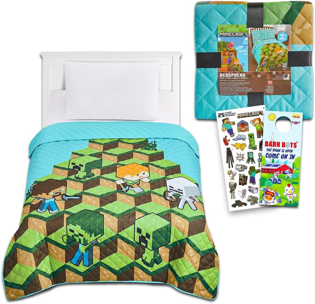 Minecraft Twin Bedding Set for Kids - Bundle with Quilted Bedspread Plus Stickers