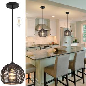Ayshwill Dec Black Woven Boho Chandelier Wicker Rattan Dome Pendant Light Fixture for Dining Room Bedroom Kitchen Island (Bulb Included) (8.7" Black)
