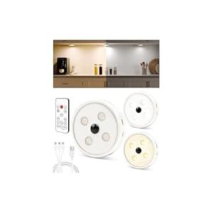 EZVALO Under Cabinet Lights, 2 Color Temps Motion Sensor Puck Lights, 1200mAh Rechargeable Puck Lights, Group Control LED Closet Lihgts, Dimmable Under Counter Lights for Kitchen, Cabinet (3 Pack)