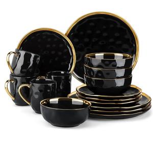 LOVECASA 16 Pieces Plates and Bowls Sets, Porcelain Black and Gold Dinnerware Sets, Round Dinner Plates Dishes Set Service for 4, Dishwasher Safe and Scratch Resistant, Black