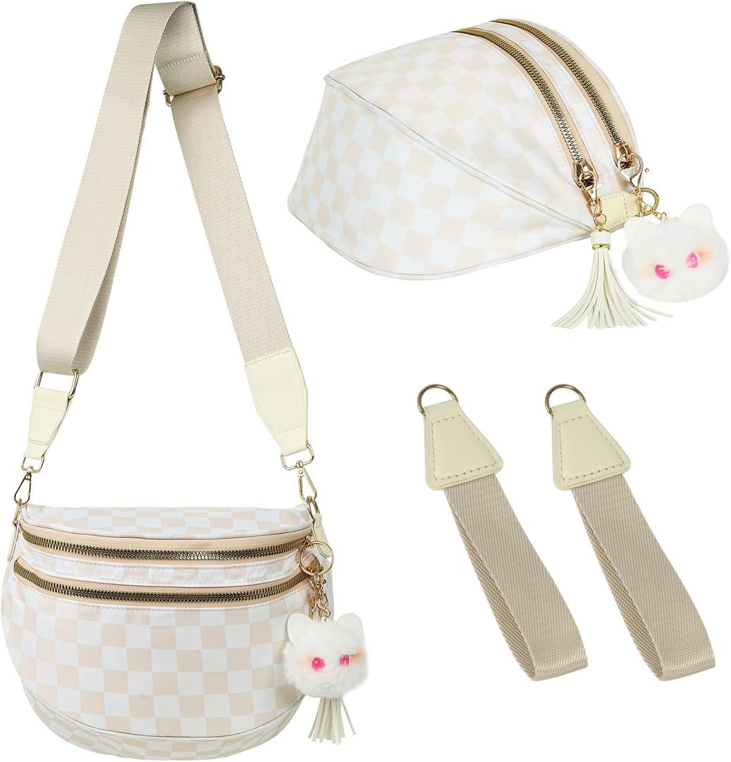 Spacious Checkered Nylon Crossbody Bag Bum Bags for Women Checkered Purse Checkerboard Fanny Pack (Beige)