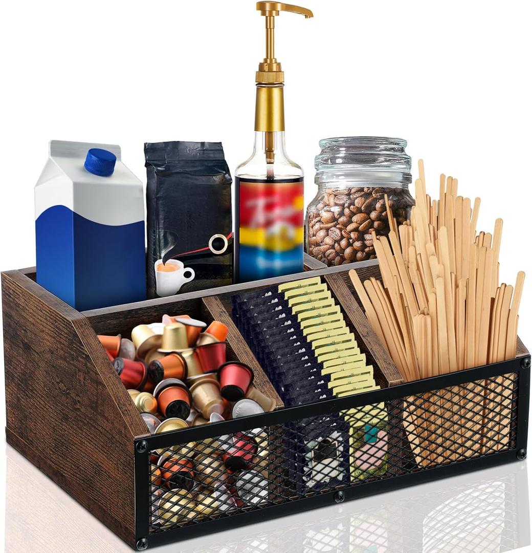 Coffee Station Organizer for Countertop, Wood Coffee Creamer Bar Holder with Iron Mesh for Pods, Syrup, Cups, Tea - Office Tea Bar Accessories Gift for New Home Birthday(Dark Brown,Classical)