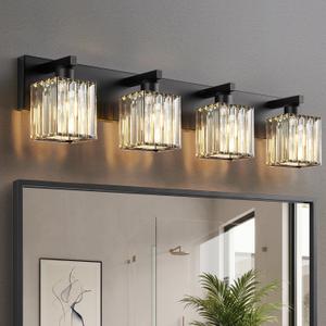 Bathroom Light Fixtures Matte Black 4-Light Crystal Vanity Lights