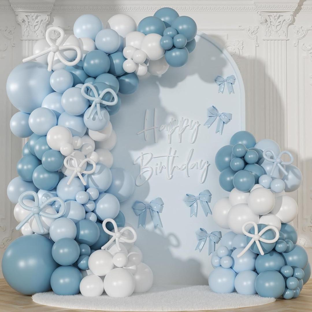 Blue and White Balloon Garland Arch Kit, 146Pcs Dusty Macaron Blue White Long Balloons Different Size for Coquette Birthday Gender Reveal Baby Shower Boy Wedding Bridal Shower Sports Party Decorations
