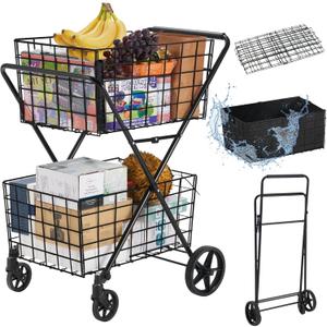 Spurgehom 2-Tier Shopping Cart for Groceries Folding Grocery Cart On Wheels with Removable Double Baskets 360 Rolling Utility Cart with Oxford Cloth Liner, Black (Extra Large)