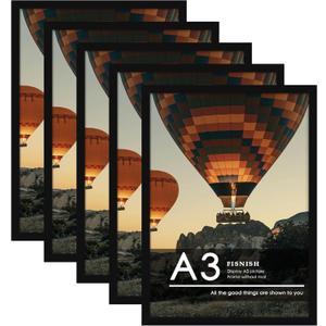 A3 Picture Frame 5 Pack, Classic Black 11.7x16.5 Poster Frame for Horizontal or Vertical Wall Mounting