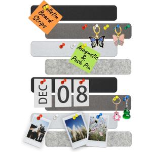 Bulletin Board, Jeethemy Felt Pin Board Bar Strips, Self Adhesive Cork Boards for Walls with 35 Push Pins for Bedrooms Offices Home Decoration,8 Pack,Black/Grey/White/Light Grey