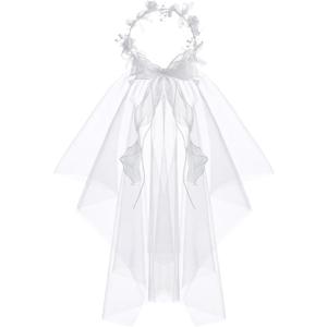 Girls First Communion Veil White Flower Crown Floral Pearls Wreath Lace Veil