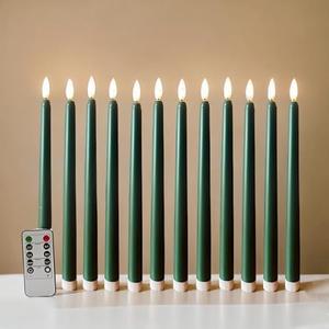 Ni-JASW Green Flameless Taper Candles with Remote Timer, Flickering Battery LED Candlesticks Set of 12