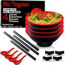 ROHGAN 32oz Japanese Ramen Bowl Set – Red & Black Melamine Pho Bowls with Chopsticks, Spoons & Holders – Durable, Dishwasher-Safe Dinnerware for Ramen, Udon & Soups (20-Piece Set)