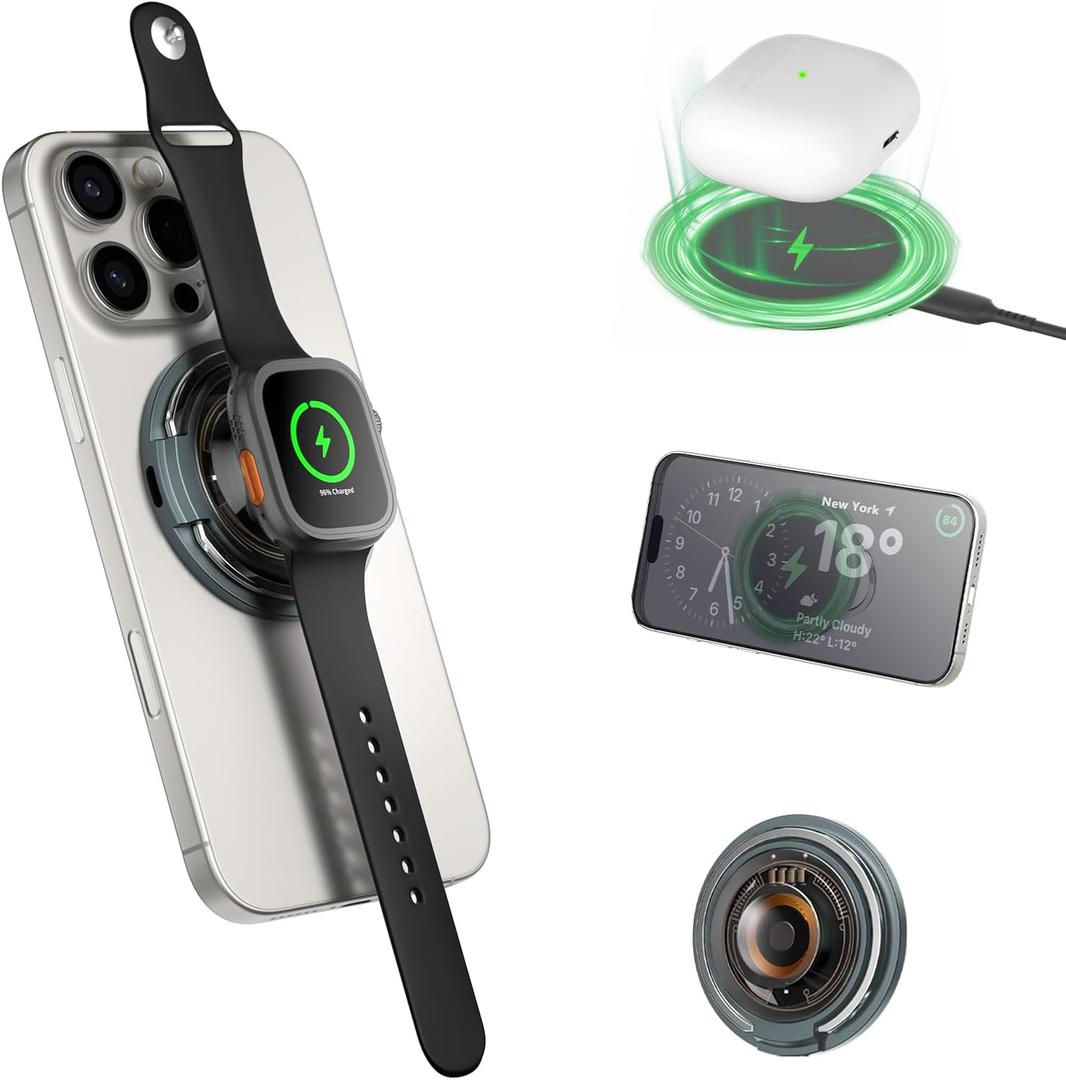 3 in 1 Charging Station with Magnetic Phone Ring Holder, 15W Ultra-Fast Charger, Compatible with iPhone 16/15/14/13/Pro/Max, iWatch, AirPods4/3/2/Pro, Technological Blue 1