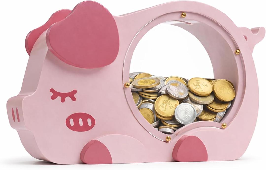 Wooden Piggy Bank for Kids, Cute Money Bank for Girls, Clear Coin Bank with Plug, Wood Kids Bank Toy Unbreakable Money Box, Personalized Gift for Children Birthday Christmas and Decor