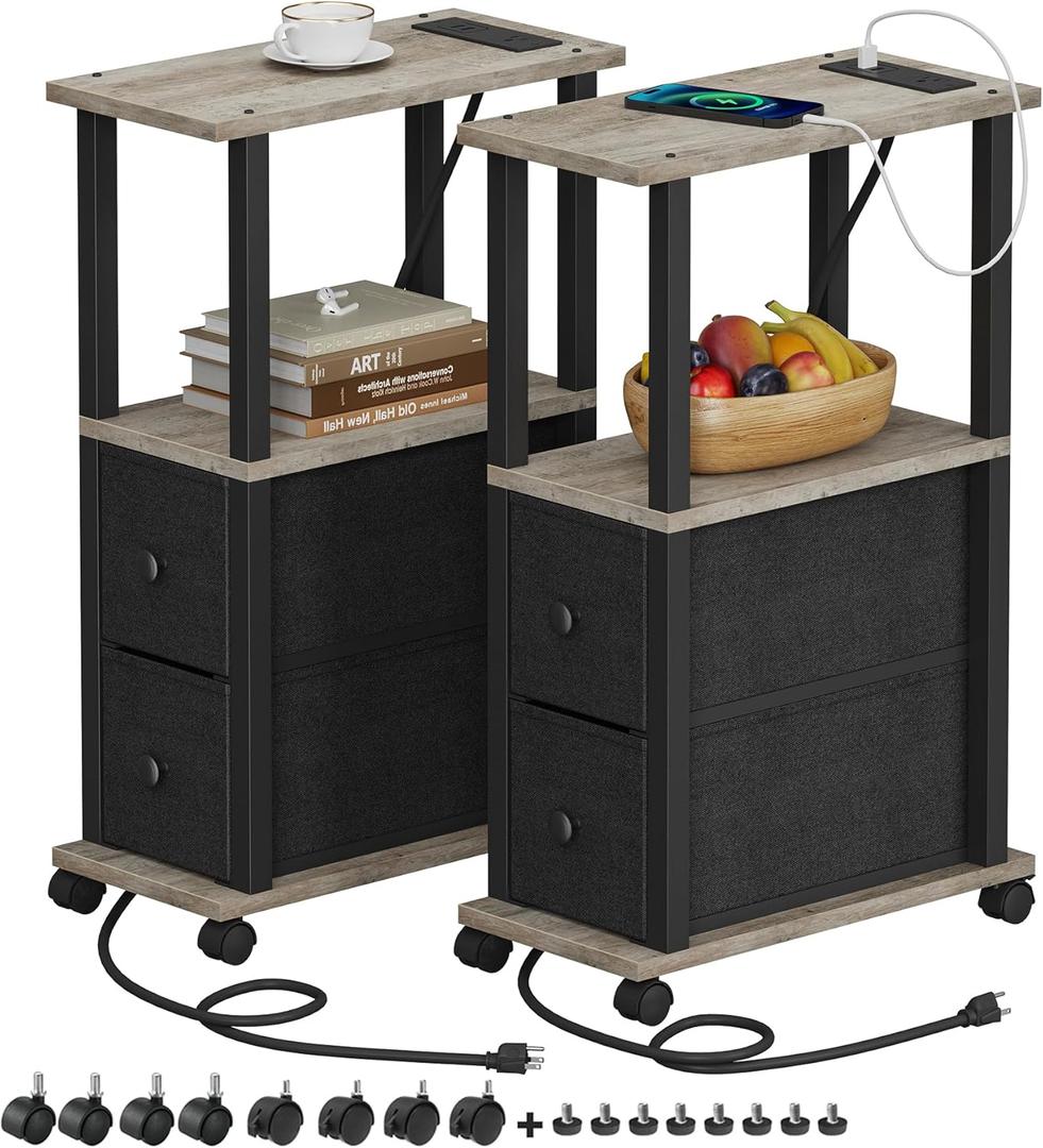 TUTOTAK Small Narrow End Tables, Side Tables with 2 Fabric Drawers, Set of 2, Bedside Tables with Charging Station for Small Spaces, Slim Nightstands with USB Ports and Wheels, TB01BG053 (Greige)