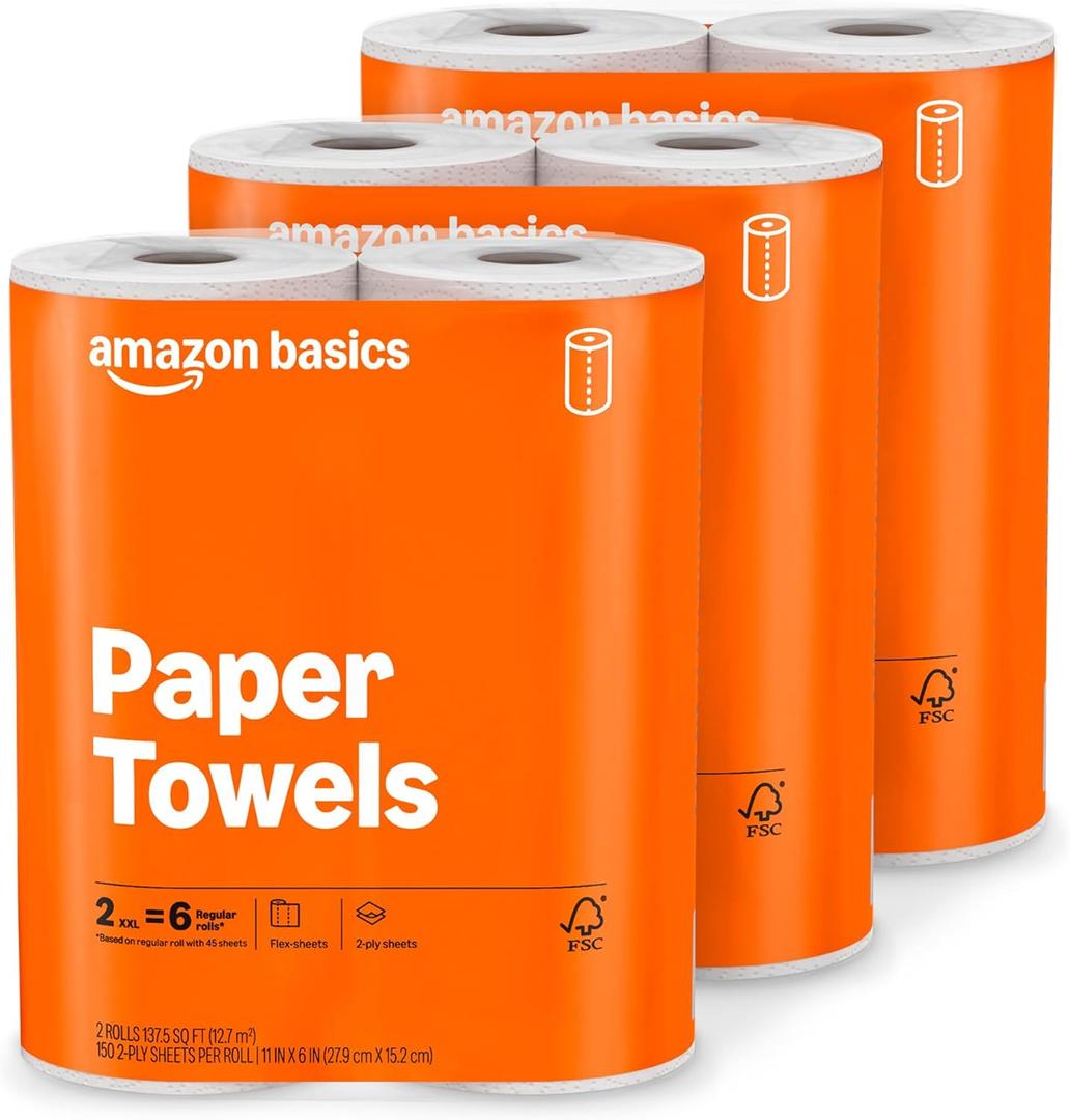 Amazon Basics 2-Ply Flex-Sheets Paper Towels, 6 Basics Rolls = 20 Regular Rolls, Everyday Value with 150 Sheets per Roll,