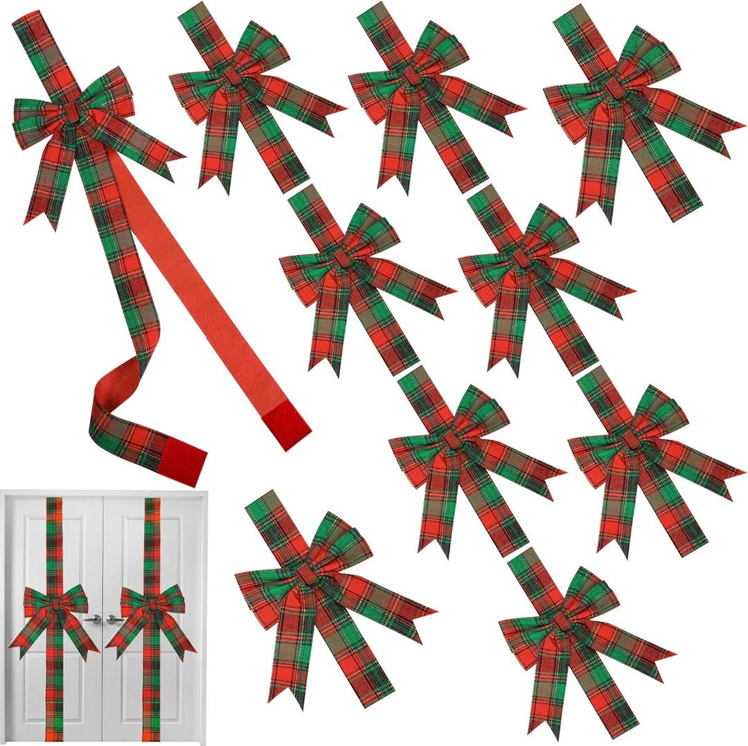 MCEAST 10 Pieces Christmas Red and Green Buffalo Plaid Cabinet Bows, Polyester, 10 x 87 Inches