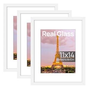 upsimples 11x14 Picture Frame Set of 3, Made of High Definition Glass for 8x10 with Mat or 11x14 Without Mat, Wall and Tabletop Display Photo Frames, White
