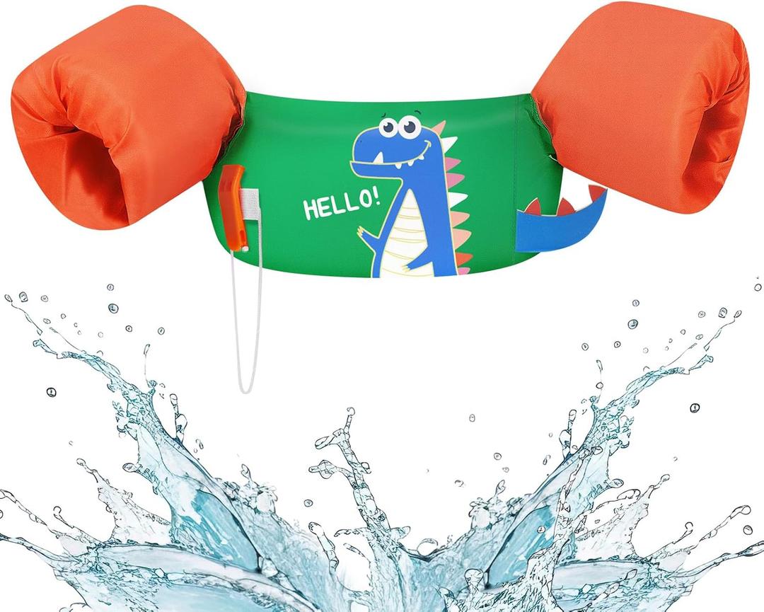 HeySplash Kids Swimming Vest, Toddler Floaties Fit 20-50 Lbs, Puddle Kids Jumper with Adjustable Strap, Swim Jacket Water Wing Baby Arm Floats, Sea Beach Swim Aid for 2-6 Years, Green Orange Dinosaur