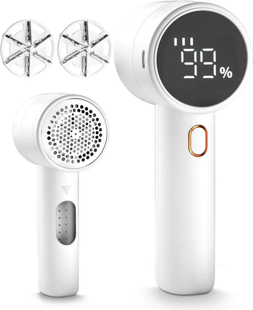 Fabric Shaver, Lint Remover Rechargeable, Electric Portable Sweater Defuzzer with 3 Speeds, 6 Leaf Blades, Digital LED Display to Remove Pilling for Clothes, Furniture, Sweater, Couch, Blanket (White)