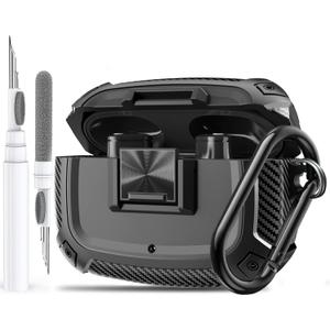 Olytop for Beats Studio Buds/Bud + Case Cover with Lock Clip 2021/2023, Rugged Shockproof Protective Hard Skin with Carabiner&Cleaner Pen Men Women for Beat Studio Buds/Bud Plus Earbuds - Black