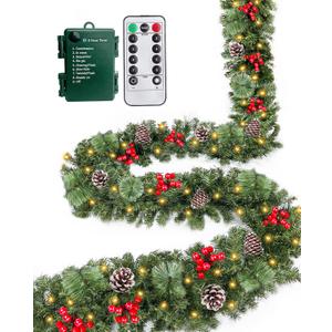 Remote Control - 18FT Long Prelit Outdoor Christmas Garland 100 Warm White & Colorful Lights Timer 12 Mode Thick 490 Branches 15 Pinecone 165 Berry Christmas Cedar Garland for Stairs Porch Front Door