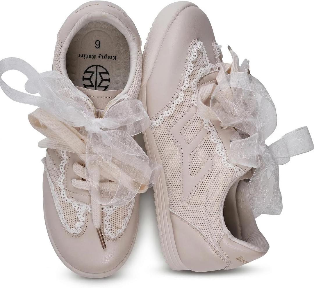 Women's Lace Detail Casual Sneakers | Elegant Ribbon Lace-Up with Cushioned Arch Support, Breathable Knit & Lightweight Thin Sole for All-Day Comfort Walking