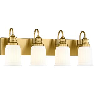 Bathroom Light Fixtures 4-Lights, HWH Brushed Gold Vanity Light Modern Bathroom Vanity Lights Over Mirror, 26'' Antique Brass Vanity Light with Frosted White Bell-Shaped Fluted Glass, 5HZG106B-4W BG