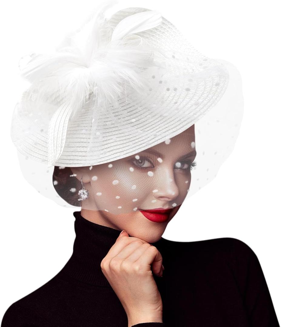 DRESHOW Fascinators Hat Mesh Veil Feathers Hat with a Headband and a Clip Tea Party Headwear for Women (Folded Style 1: White / 7.9")