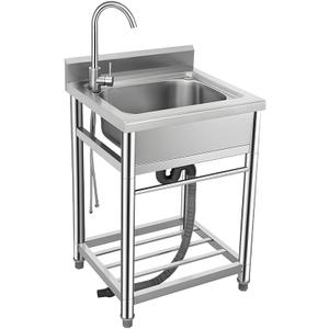 Stainless Steel Utility Sink for Kitchen, Bathroom, Laundry Room - Single Bowl, Free Standing, Indoor/Outdoor, Farmhouse Style, 21.7" with Cold & Hot Water Faucet