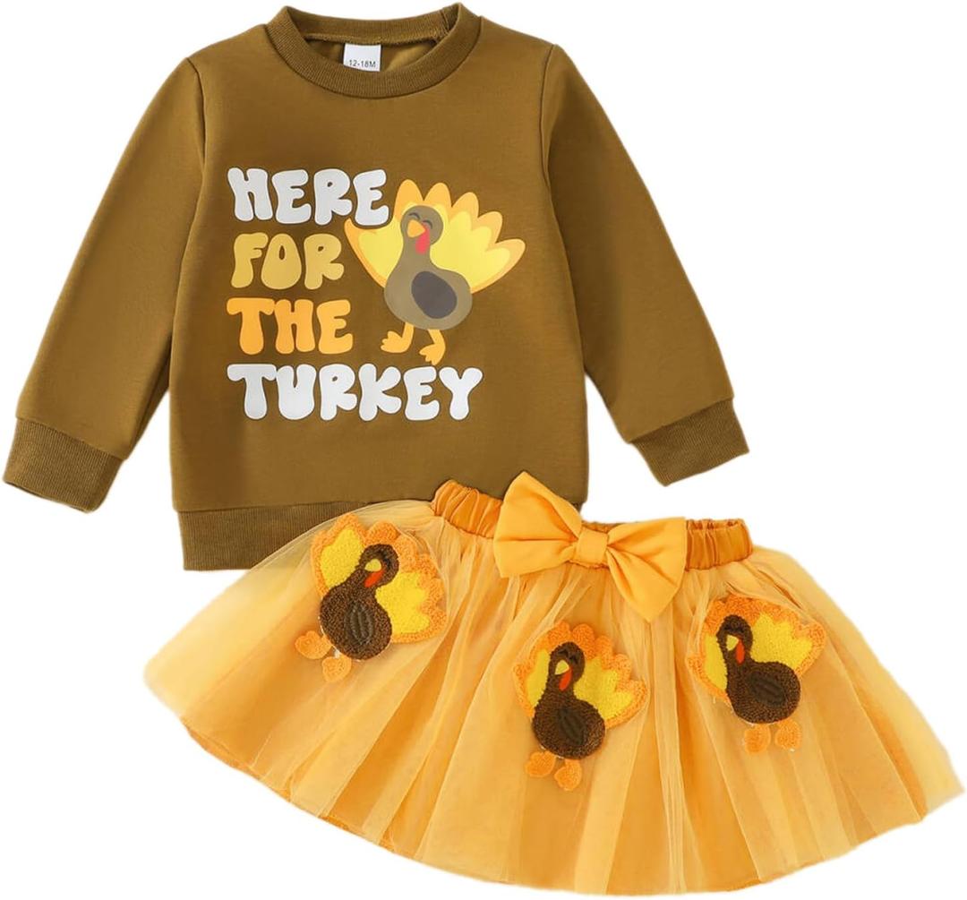 Toddler Girl Thanksgiving Outfit Little Turkey Sweatshirt+Bow Skirt Set Fall Clothes (18-24 Months, Dark Brown)