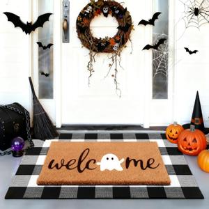 2 Pcs Halloween Door Mat Combo Set, 43" x 28" Buffalo Plaid Outdoor Doormat & 29" x 17" Non Slip Coir Halloween Welcome Mat, Ghost Welcome Mats for Front Door, Kitchen Rug, Outdoor Decor