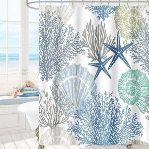 MAYZUS Nautical Coastal Shower Curtain, Beach Ocean Theme Shower Curtain for Bathroom Decor, Summer Tropical Seashell Starfish Coral Fabric Shower Curtain Set with Hooks, Blue, 72x72