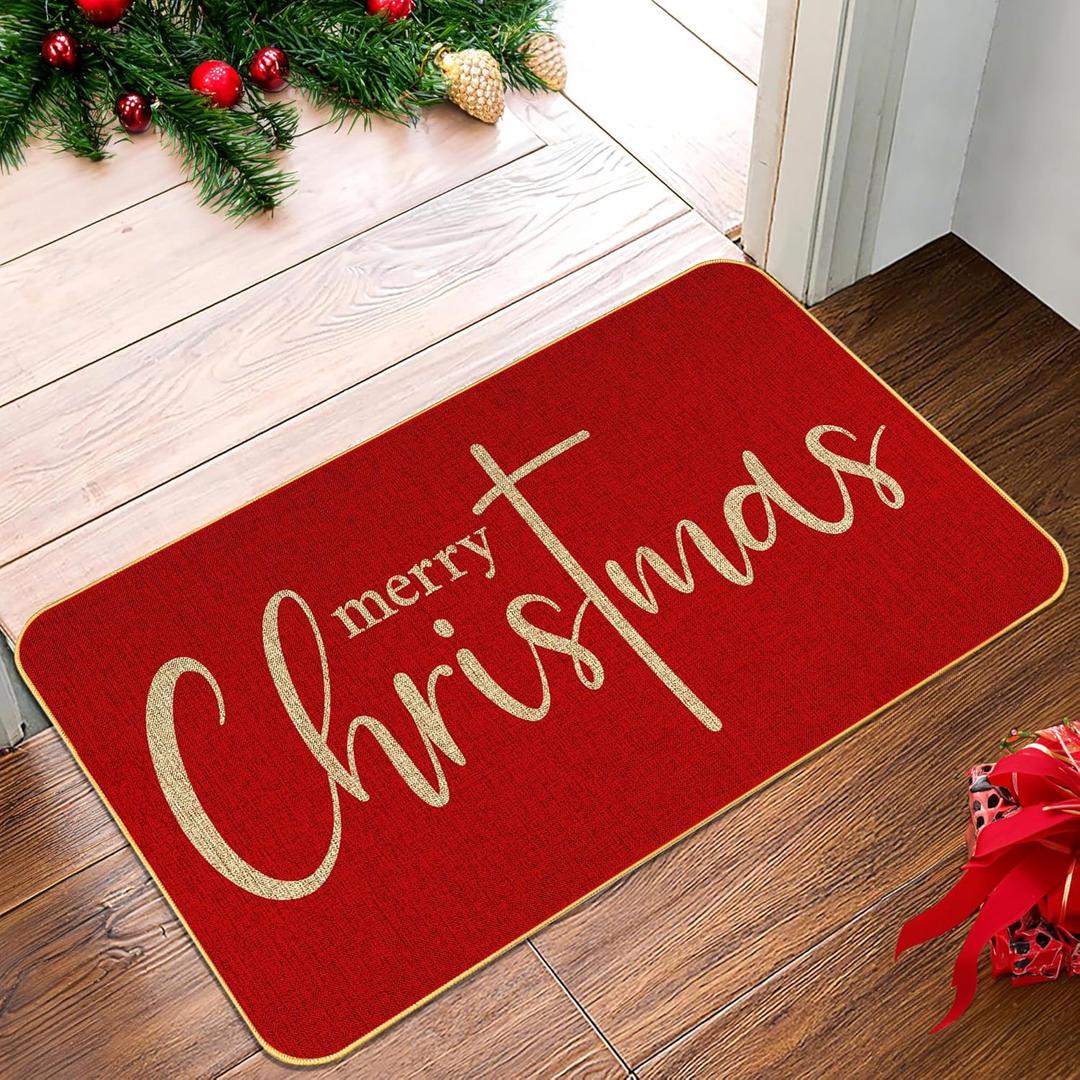 Red Merry Christmas Welcome Decorative Doormat, Seasonal Winter Low-Profile Floor Rug for Indoor Outdoor 17x29 Inch