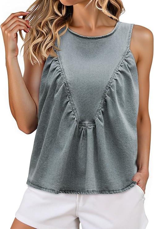 Cicy Bell Womens Babydoll Denim Tank Tops Peplum Swing Flowy Shirred Sleeveless Shirts Loose Fit Going Out Cute Tops, XL