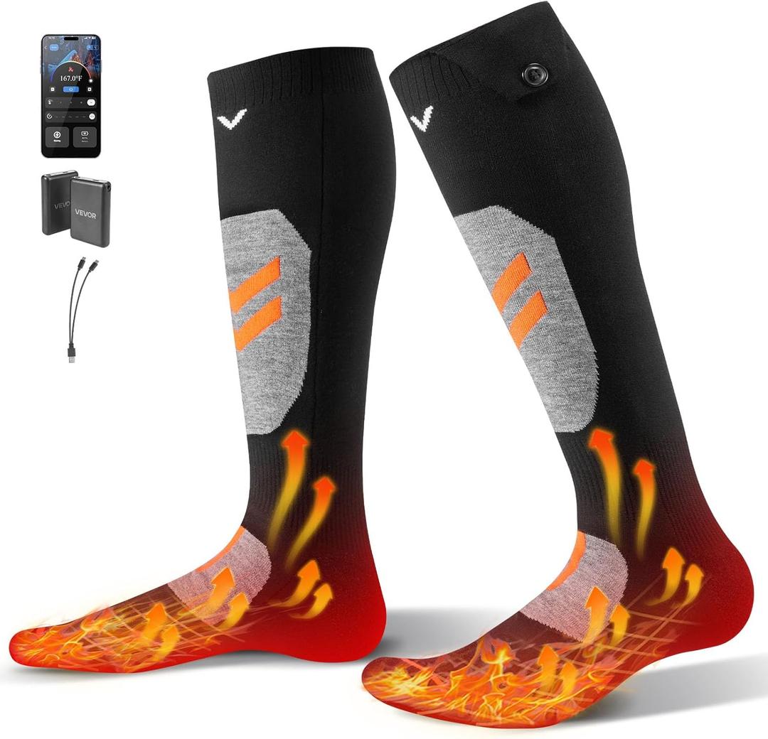 VEVOR Heated Socks, Small Size, 5000mAh Battery Rechargeable Heating Socks with 4 Heating Levels, Electric Heated Sock with APP Control for Men Women, Foot Warmer for Hunting Riding Camping Hiking (Large)