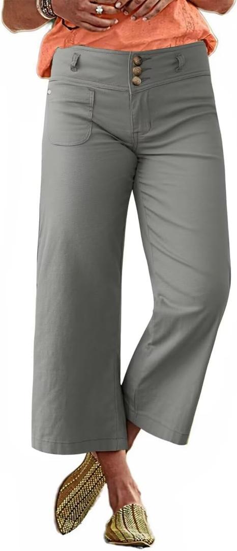 Flamingals Wide Leg Cropped Pants for Women Trendy Mid Rise Button Fly Barrel Jeans Stretchy Casual Ankle Pants (Gray, S)