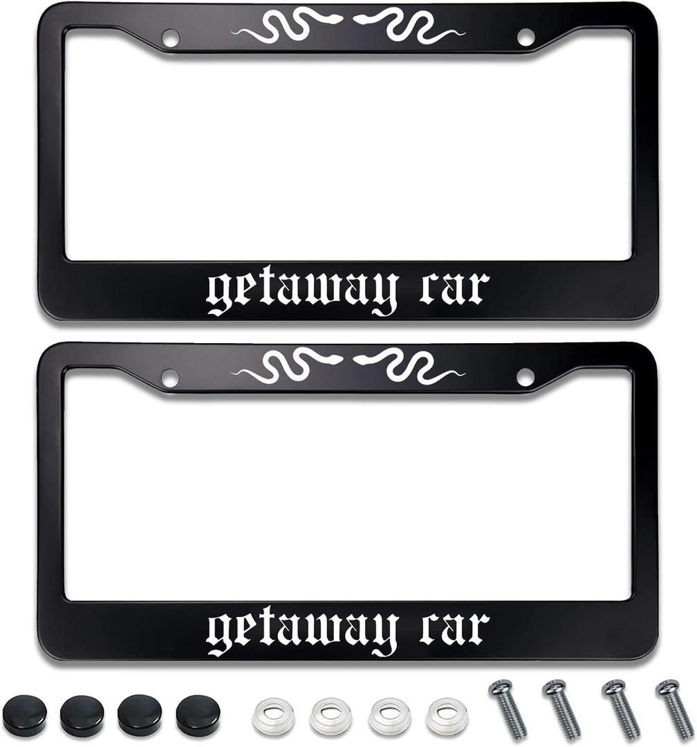 Getaway Car License Plate Frame,2 Pack License Plate Frame Car Universal Stainless Steel Accessories Cars Decor 2 Holes Screws Fits Standard US Vehicles Size