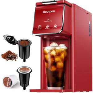 SHARDOR Hot & Iced Coffee Maker, K Cup Coffee Maker Compatible with Ground Coffee, Single Serve Coffee Machine with Bold Setting, Reusable Filter, Travel Mug Friendly, Compact Design, Red