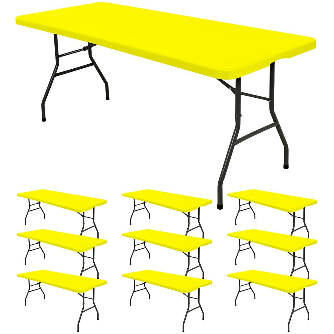 6 Pack Fitted Tablecloth for 8 Foot Rectangle Tables, Yellow Elastic Outdoor Picnic Table Cover, Washable Stretch Folding Table Cloths 8 ft for Camping Party Patio Kitchen Banquet, 30" W x 96" L