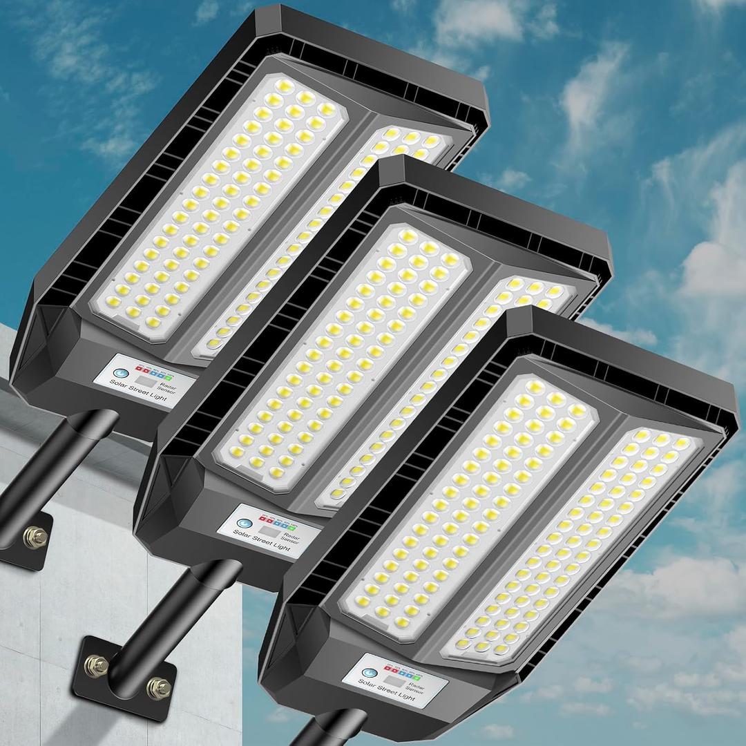 VOOJOY 5000W Solar Street Lights Outdoor, 7000K Solar Light Outdoor LED Street Light Dusk to Dawn, LED Wide Angle Lamp with Motion Sensor and Remote Control for Parking Lot, Yard, 3 Pack