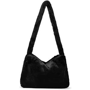 Fuzzy Tote Bag Y2K Fluffy Shoulder Bag Women Furry Purse Large Cute Plush Bag Ladies Faux Fur Bag for Autumn and Winter (Black)