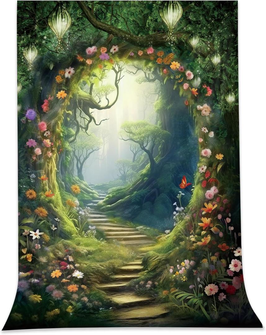 Omifly Enchanted Woodland 5W*7H Backdrop for Photography Fairy Tale Floral Wonderland Greenery Garden Tree Spring Plant Background Party Decorations Cake Table Banner Decor Photo Booth Studio Props (A-02green flower)