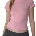 Women Y2K Crop Tops Short Sleeve Ribbed Knit Shirts Cute Bow Embroidery Tee Shirts Teen Girls Slim Fitted Baby Tees (Large, Pink)