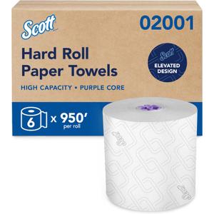 Scott Professional High-Capacity Hard Roll Paper Towels, Bulk (02001), Hardwound, Elevated Design, Absorbency Pockets, White, for ScottBrand Purple Core Dispensers (6 Rolls at 950' Each, 5,700'/Case)
