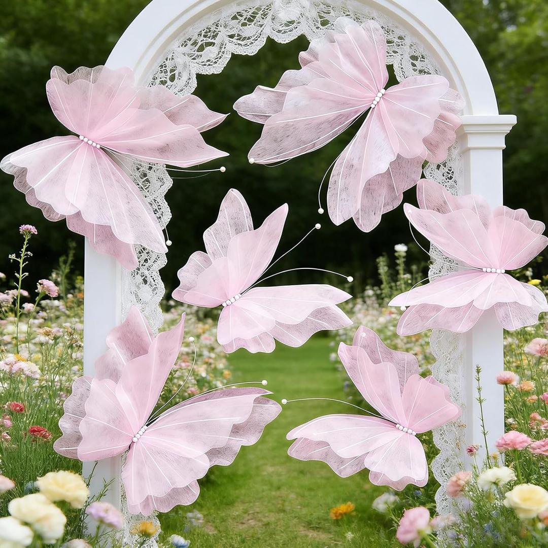 SUNBEAUTY 3D Large Pink Butterfly Decorations, Mariposas Grandes para Decoracion 20 Inch, 16 Inch Giant Hanging Butterflies for Baby Shower Birthday Wall Spring Summer Decor for Girls, Women 6pcs